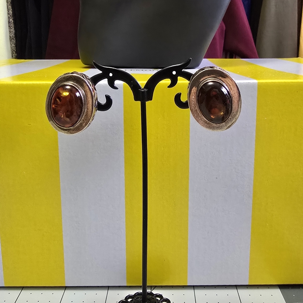 Gorgeous Lori Bonn Sterling Silver And Amber Clip On Earrings